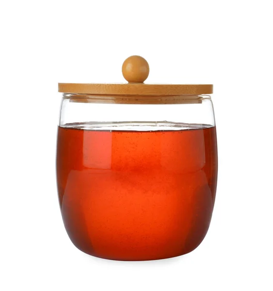 Jar with organic honey isolated on white — Stock Photo, Image