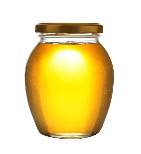 Jar with organic honey isolated on white — Stock Photo, Image