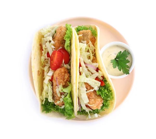 Tacos Peixe Deliciosos Com Molho Isolado Branco Vista Superior — Fotografia de Stock