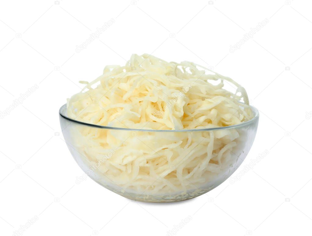 Glass bowl of tasty fermented cabbage isolated on white