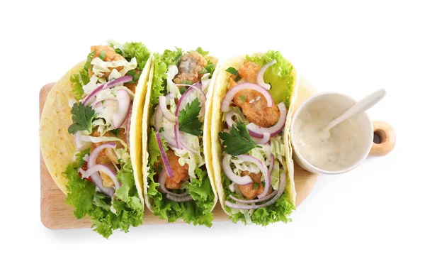 Lekkere Vis Taco Met Saus Geïsoleerd Wit Bovenaanzicht — Stockfoto