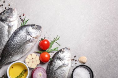 Açık gri masa üzerinde dorada balığı ile düz bileşim, metin için boşluk