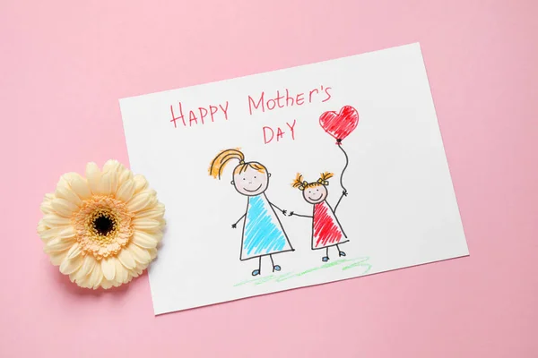 Dibujo para el día de la madre y la flor sobre fondo rosa pastel, f — Foto de Stock