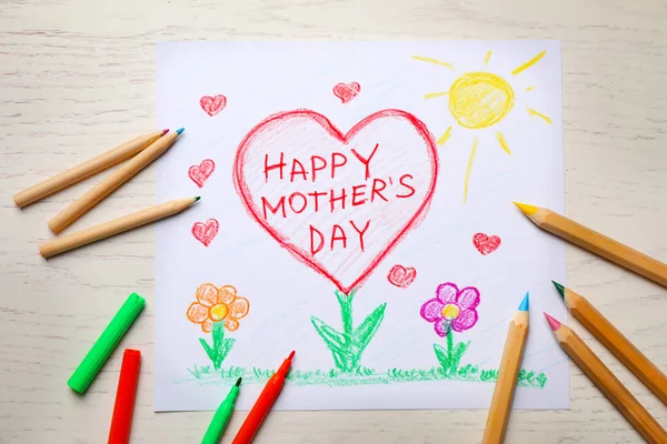 Composición Plana Con Dibujo Para Día Madre Sobre Fondo Madera — Foto de Stock