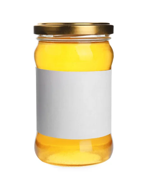 Glass jar of acacia honey with blank label isolated on white — ストック写真