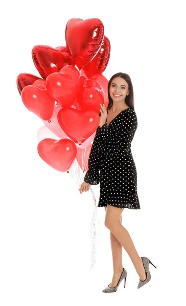 Mulher Bonita Com Balões Forma Coração Isolado Branco Celebração Dia — Fotografia de Stock