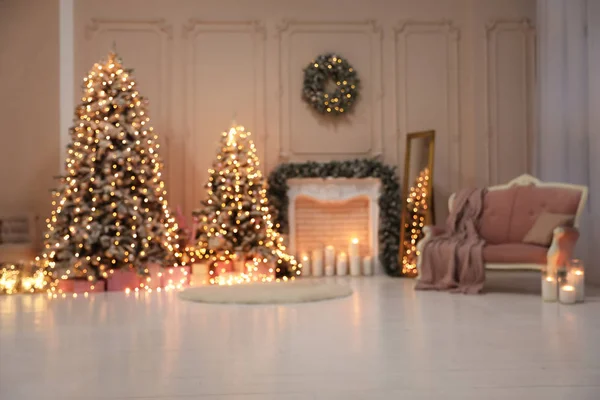 Vue Floue Intérieur Chambre Fête Avec Des Arbres Noël — Photo