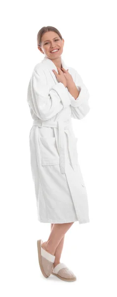 Молода жінка в халаті на білому тлі — стокове фото