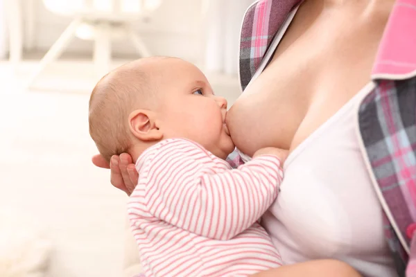 Young Woman Breastfeeding Her Little Baby Home Closeup — Stock Photo, Image