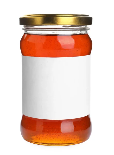 Glas Wildblumenhonig mit leerem Etikett isoliert auf weiß — Stockfoto