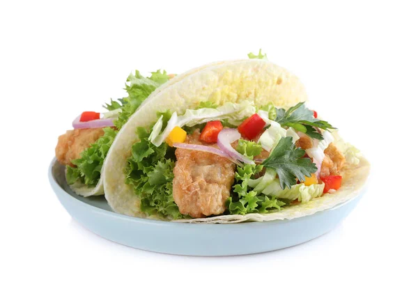 Lekkere Vis Taco Met Sla Geïsoleerd Wit — Stockfoto