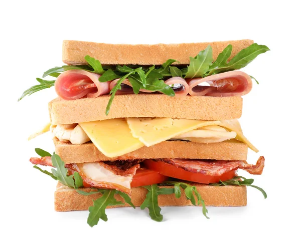 Tasty Sandwich Chicken Ham Bacon Isolated White — Stock Photo, Image