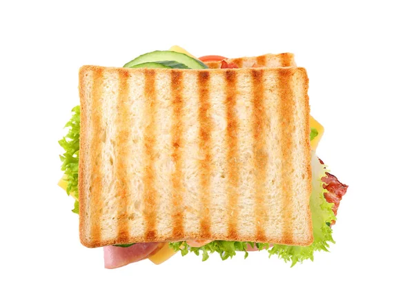 Νόστιμο Σάντουιτς Φρυγανισμένο Ψωμί Που Απομονώνεται Λευκό Κορυφαία Άποψη — Φωτογραφία Αρχείου