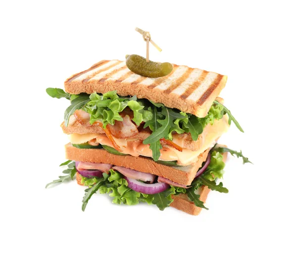 Tasty sandwich with chicken, ham and bacon isolated on white