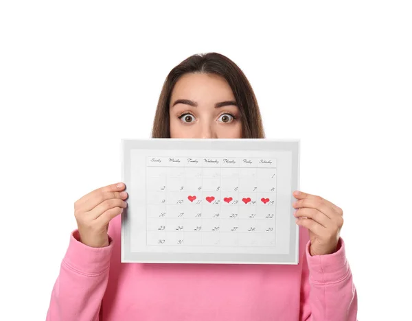 Young Woman Holding Calendar Marked Menstrual Cycle Days Isolated White — Stock Photo, Image