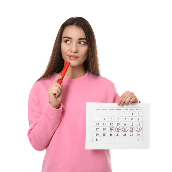 Young Woman Holding Calendar Marked Menstrual Cycle Days Isolated White — Stock Photo, Image