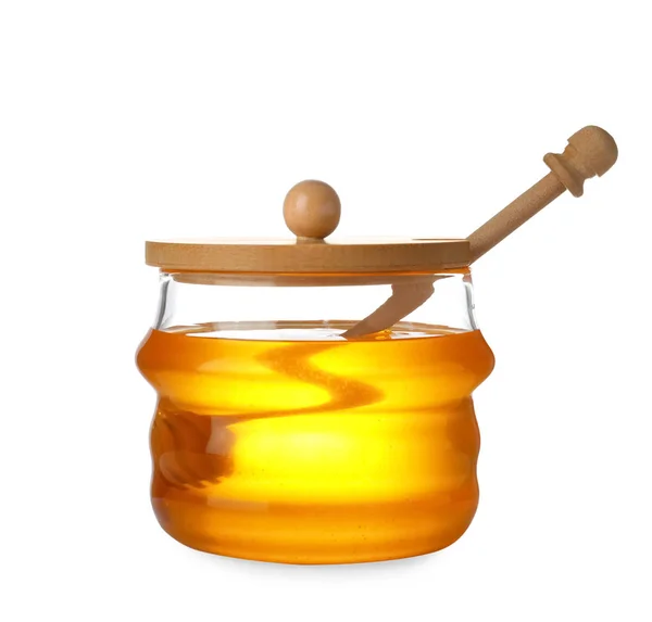Burk med ekologisk honung och dipper isolerad på vit — Stockfoto