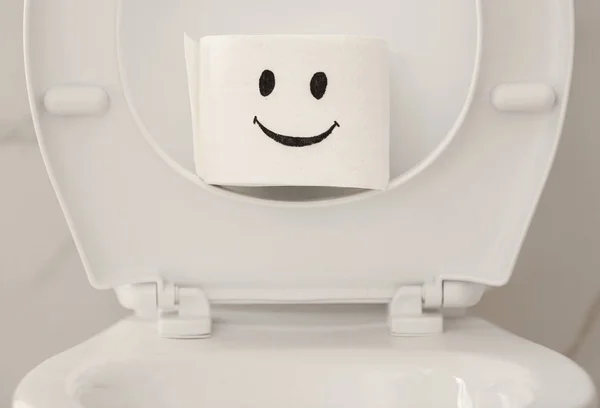 Roll Paper Αστείο Πρόσωπο Λεκάνη Τουαλέτας Στο Μπάνιο Closeup — Φωτογραφία Αρχείου
