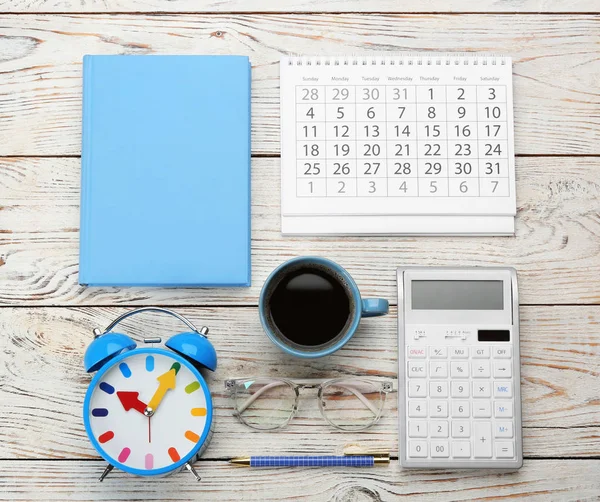 Flat Lay Composition Calendar Cup Coffee White Wooden Table — ストック写真