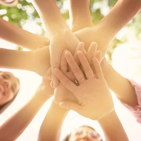 Volunteers Putting Hands Together Outdoors Sunny Day Bottom View — 스톡 사진