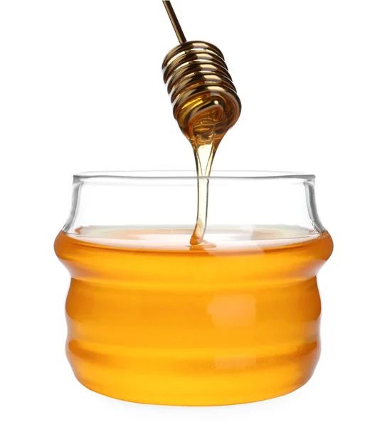 Glasburk solros honung och metall dipper isolerad på vitt — Stockfoto
