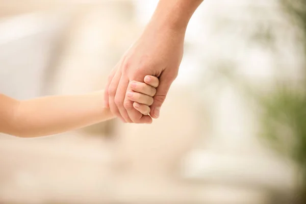 Mother Holding Hands Her Child Indoors Closeup Happy Family — Stock Photo, Image