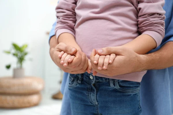 Father Holding Hands His Child Indoors Closeup Happy Family — ストック写真