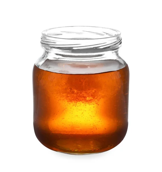 Jar with organic honey isolated on white — Stock Photo, Image