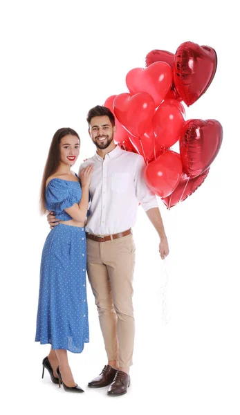 Glückliches Junges Paar Mit Herzförmigen Luftballons Auf Weißem Grund Valentinstag — Stockfoto