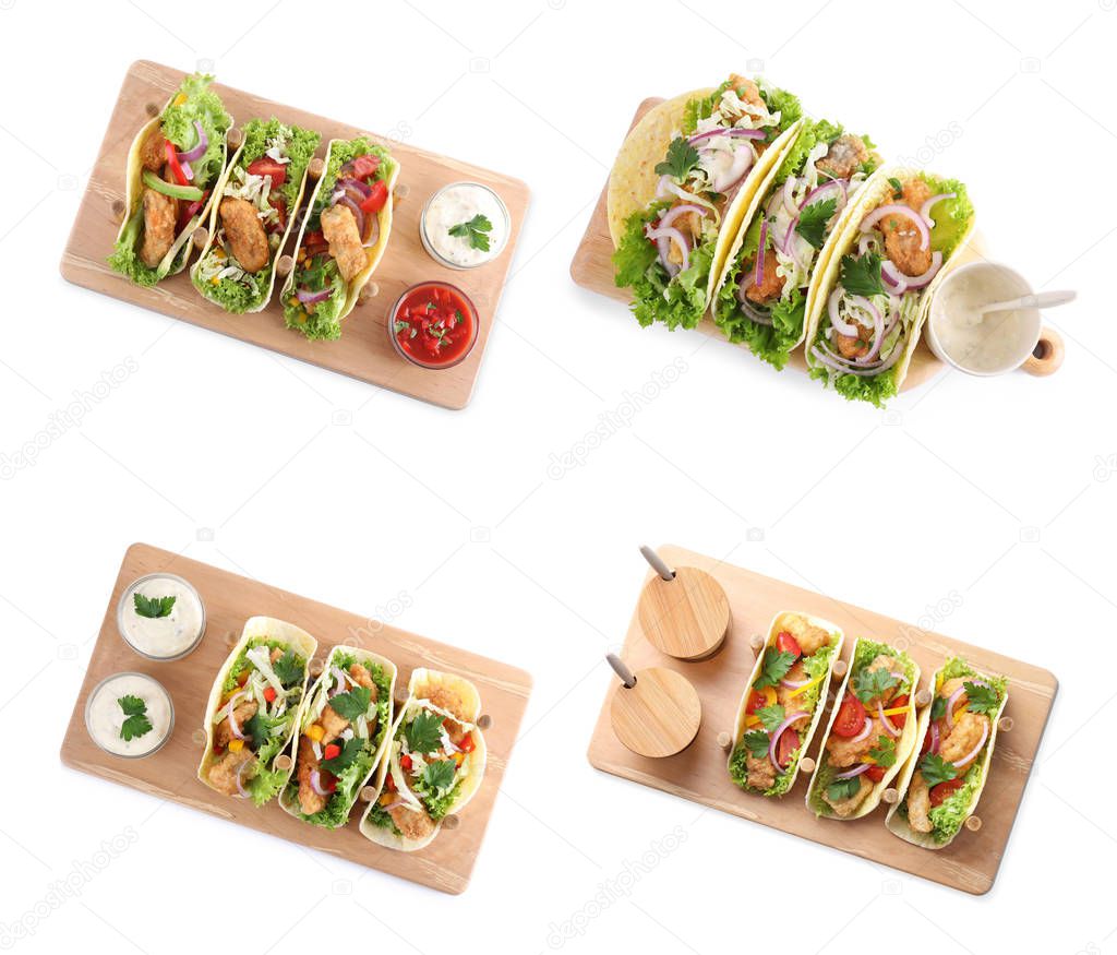 Set of delicious fresh fish tacos on white background, top view