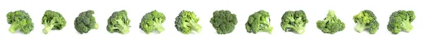 Kollage Färsk Grön Broccoli Isolerad Vit — Stockfoto