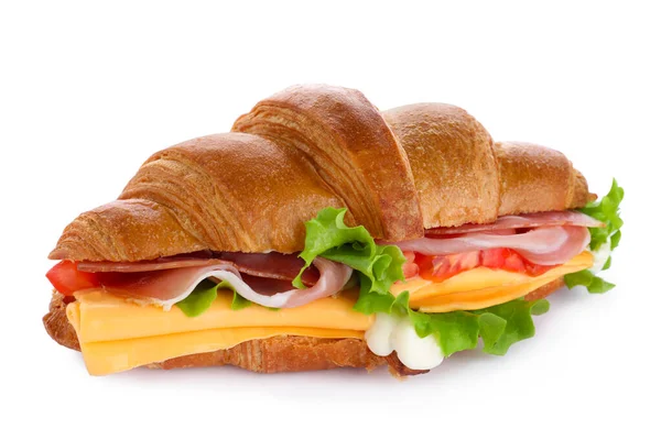 Gustoso Panino Croissant Con Prosciutto Formaggio Isolato Bianco — Foto Stock