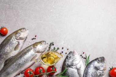 Dorada ve cani balıklarla bezenmiş düz kompozisyon açık gri masa üzerinde, metin için boşluk