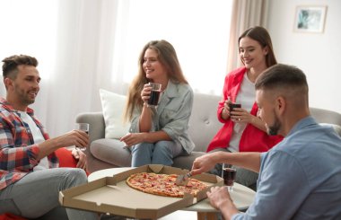 Evde içkili ve pizzalı bir grup arkadaş.