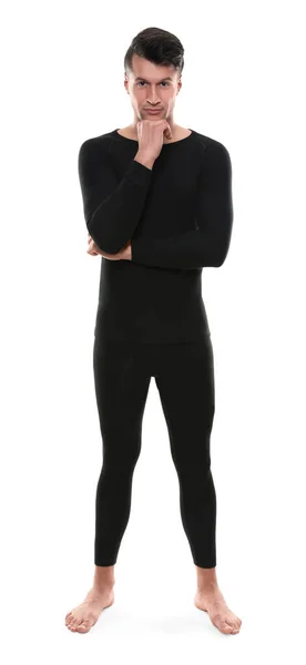 Homem Vestindo Roupa Interior Térmica Isolado Branco — Fotografia de Stock