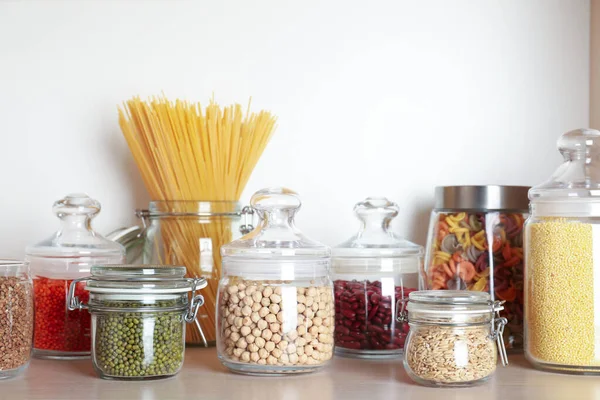 Glass Jars Different Types Groats Wooden Shelf — Stock Photo, Image