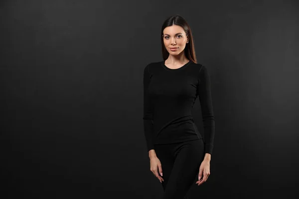 Woman Wearing Thermal Underwear Black Background Space Text — Stock Photo, Image