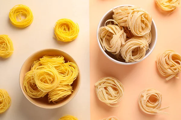 Diversi Tipi Pasta Sfondo Colore Posa Piatta — Foto Stock