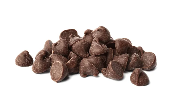 Csomó finom csokoládé chips elszigetelt fehér — Stock Fotó