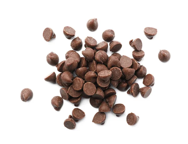 Montón de deliciosas chispas de chocolate aisladas en blanco, vista superior — Foto de Stock