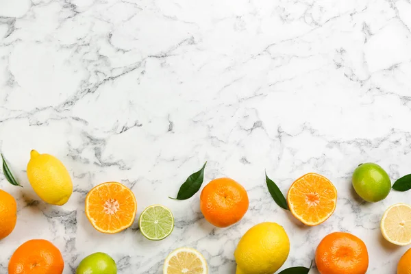 Flat Lay Composition Tangerines Different Citrus Fruits White Marble Background — Stock Photo, Image
