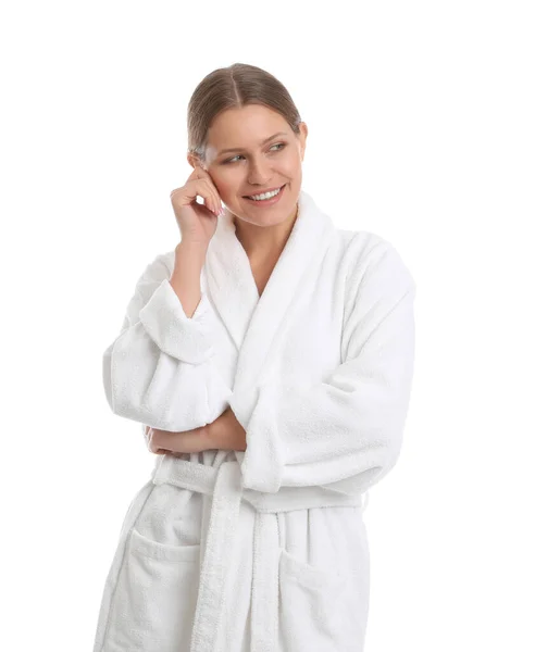 Young woman in bathrobe on white background — Stock Photo, Image