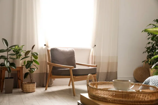 Современное кресло и зеленые растения в помещении. Идеи домашнего дизайна — стоковое фото