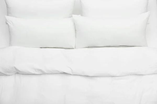 Soft White Pillows Blanket Bed Top View — Stock Photo, Image