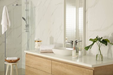 Büyük ayna ve damar şık bir banyoda batar.