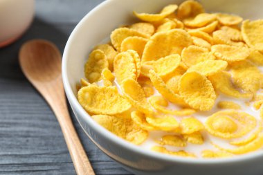 Lezzetli gevrek mısır gevrekleri kasede süt, yakın plan.