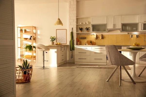 Interior Cozinha Moderna Com Mobiliário Branco Elegante — Fotografia de Stock