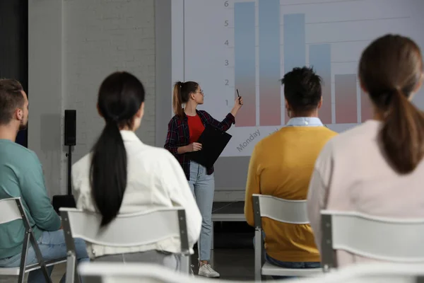 Female business trainer giving lecture in conference room with projection screen