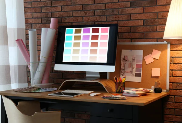 Modern Computer Office Supplies Wooden Table Designer Workplace — Stock Photo, Image