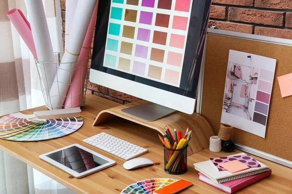 Modern Computer Office Supplies Wooden Table Designer Workplace — Stock Photo, Image